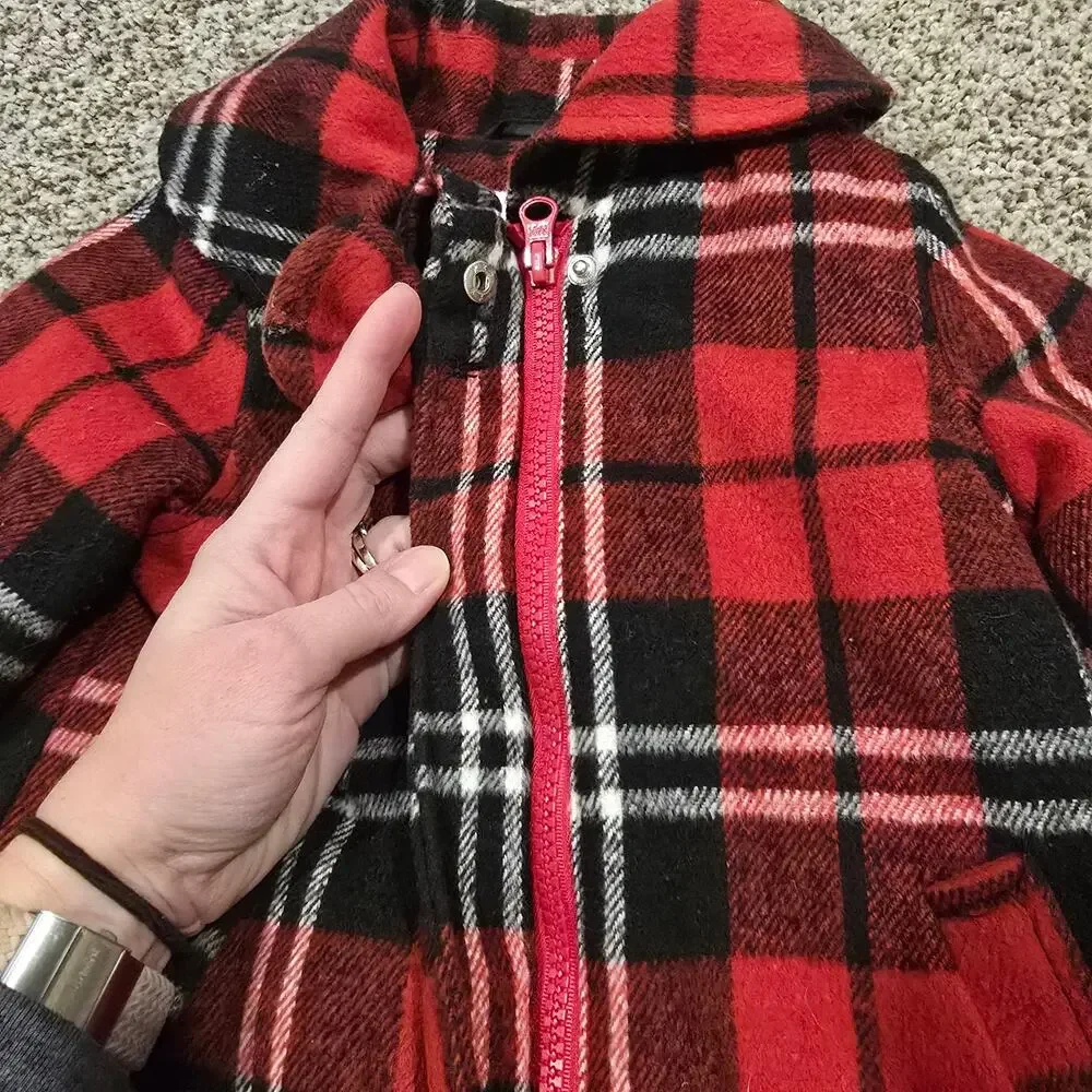 Baby Girl London Fog Red Plaid Wool Blend Full Zip Peacoat | Size 18 Months